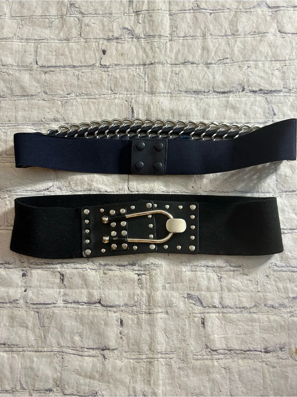 LOT OF (2) BLACK WITH SILVER TONE HARDWARE BIKER STRETCH WIDE BELTS SIZE LARGE